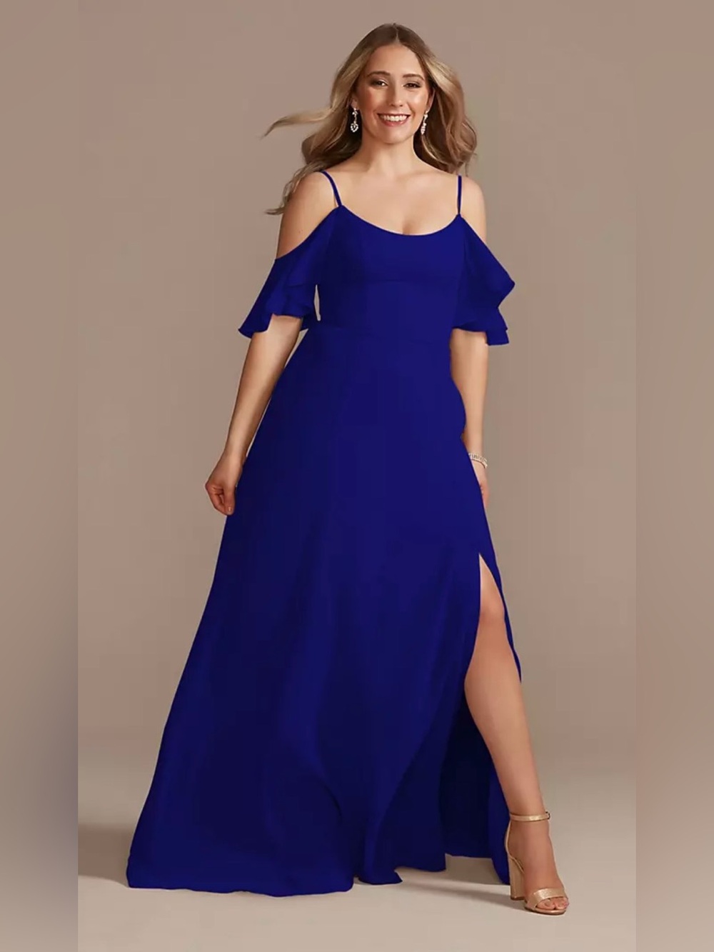 David's Bridal Royal Blue Off-Shoulder Spaghetti Strap Maxi Dress